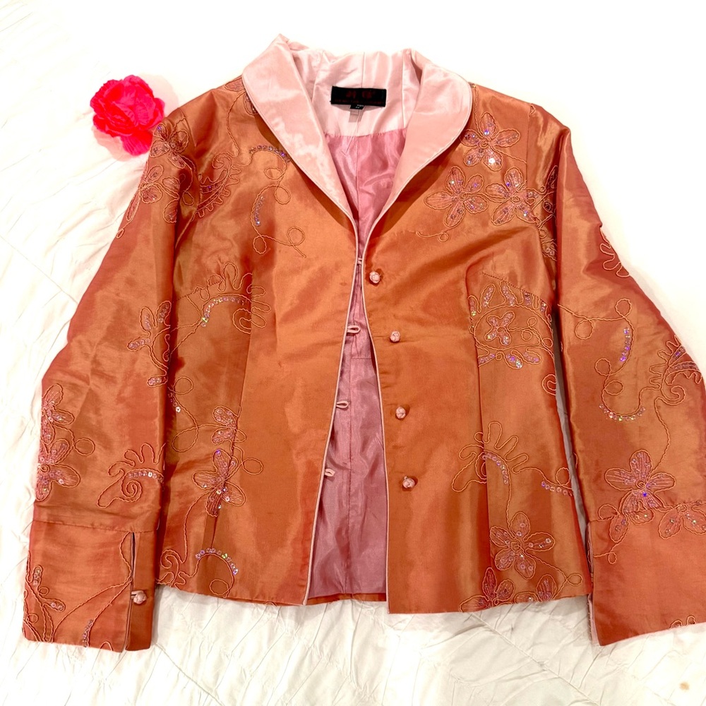 Chic Embroidered Floral Blazer in Orange
